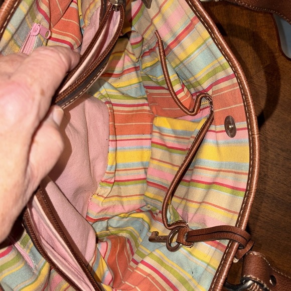 Fossil Vintage Straw bag/leather trim cinnamon brown/brown Silvertone 3 compart - Picture 6 of 17